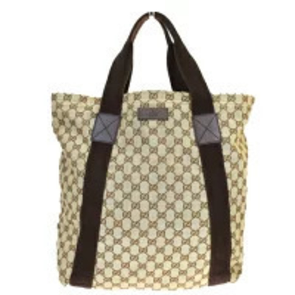 Gucci Tote Bag Handbag GG Brown Canvas Leather